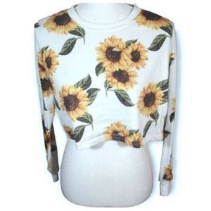 SHEIN WHITE & YELLOW SUNFLOWER PRINT CROP PULLOVER SZ.4 EUC.  GORGEOUS PULLOVER